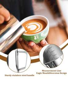 1 套不锈钢牛奶壶，不锈钢牛奶壶，带刻度和配件，咖啡师拿铁艺术笔，适用于卡布奇诺和拿铁，浓缩咖啡，回到学校