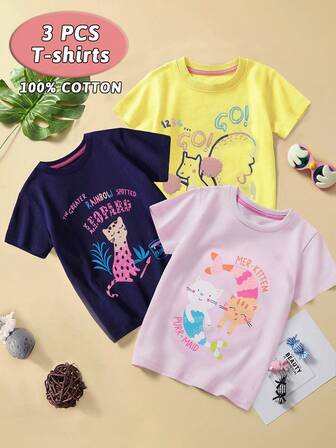 เสื้อยืดแขนสั้นพิมพ์ลายการ์ตูนยูนิคอร์นสำหรับเด็กผู้หญิง 3 ชิ้นฤดูร้อนระบายอากาศได้และทันสมัย