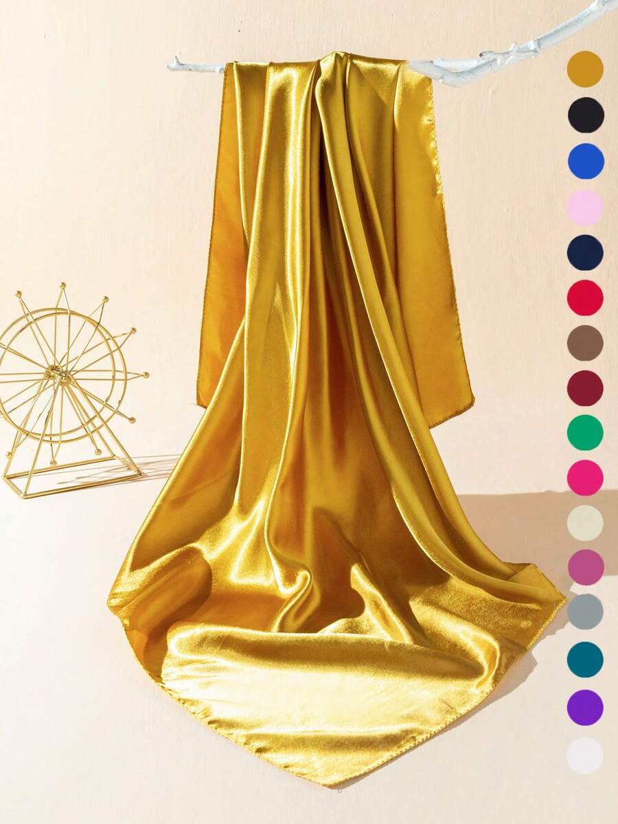 1 pièce Foulard carré en soie mate unicolore pour femme, minimaliste et élégant, adapté aux sorties, aux vacances et à la photographie au printemps, en été et en automne - Doré - Voir 1