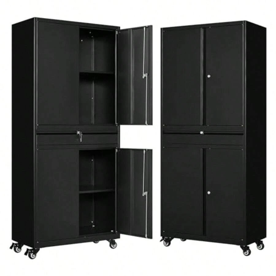 Metal Storage Cabinet With Wheels Metal Garage Cabinet With Adjustable Shelves Tool Storage Cabinet With 1drawer Steel Locker Cabinet With Lock For Home Garage Black73 4 Casters - Black-73"4Casters - View 1