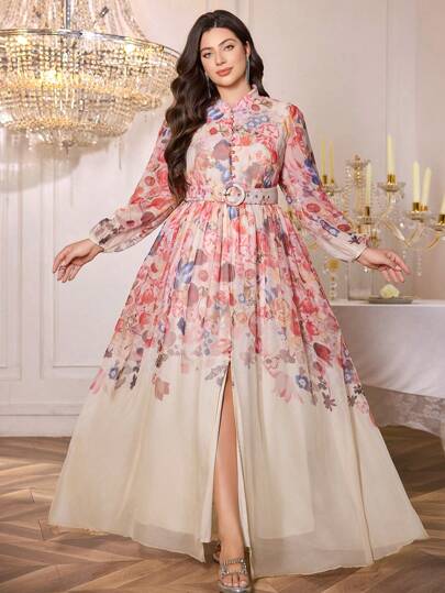 Plus Size Women Elegant Plant Print Lantern Sleeve Casual Arabia Style Dress