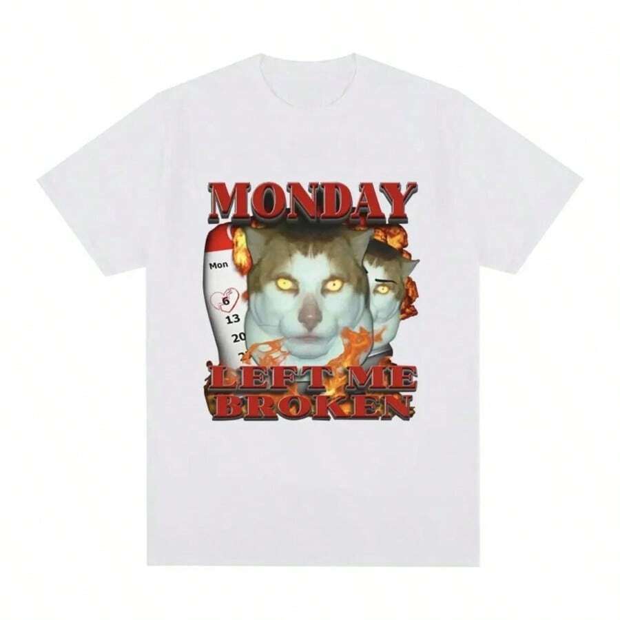 Cool Summer Women Funny Monday Left Me Broken Cat Meme Graphic T Shirt Casual Short Sleeve T-Shirt Fashion Oversized T-Shirts Y2k Top - 白色 - 查看 1