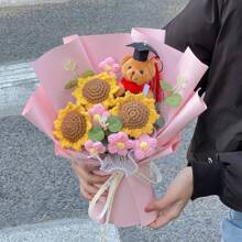 1pc Handmade Sunflower & Teddy Bear Bouquet - Great For Celebrations, Home Decor, Birthday & Graduation Gifts, Graduation Party Decoration