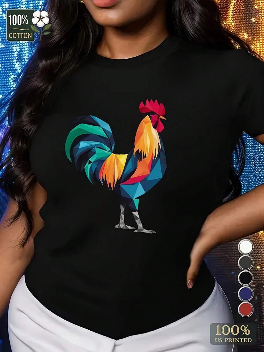 Una t-shirt comoda e aderente in colori uniti con motivi a pollo per le donne
