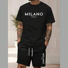 Men's Casual Two Piece Set, Round Neck Short Sleeve T-Shirt And Tectel Shorts With Drawstring And Pockets, Soft Breathable Summer Outfit
