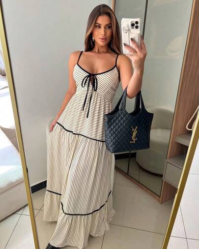 MallFashion Vestido Longo Feminino Listrado com Alças Finas e Amarração Casual e Elegante Prima Vera Verão 2025