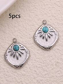 1/4/5/10 Stücke Vintage Edelstahl quadratischer geometrischer Anhänger Set mit Türkis-Sonnen-Charm, Halskette Armband DIY Zubehör Accessoires - Verschiedenfarbig - Übersicht 10