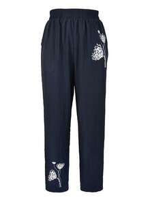 (Non-Localized Printing) Women's Botanical Print Casual Pants - Navy Blue - View 6