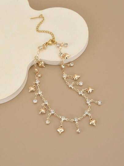 1 pieza Pulsera para pie de mujer de acero inoxidable con corazones de cristal brillante (hecho a mano, con ligera variación en el número de corazones de cristal, consulte el tamaño real)