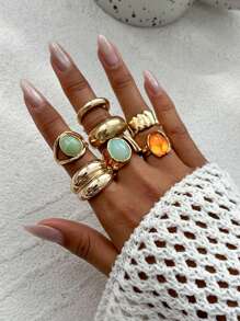 7pcs/Set Geometric Vintage Faux Gemstone Inlaid Asymmetrical Metal Rings Set, Luxurious Everyday Casual Women & Couples Jewelry Rings Gift For Birthday, Holiday