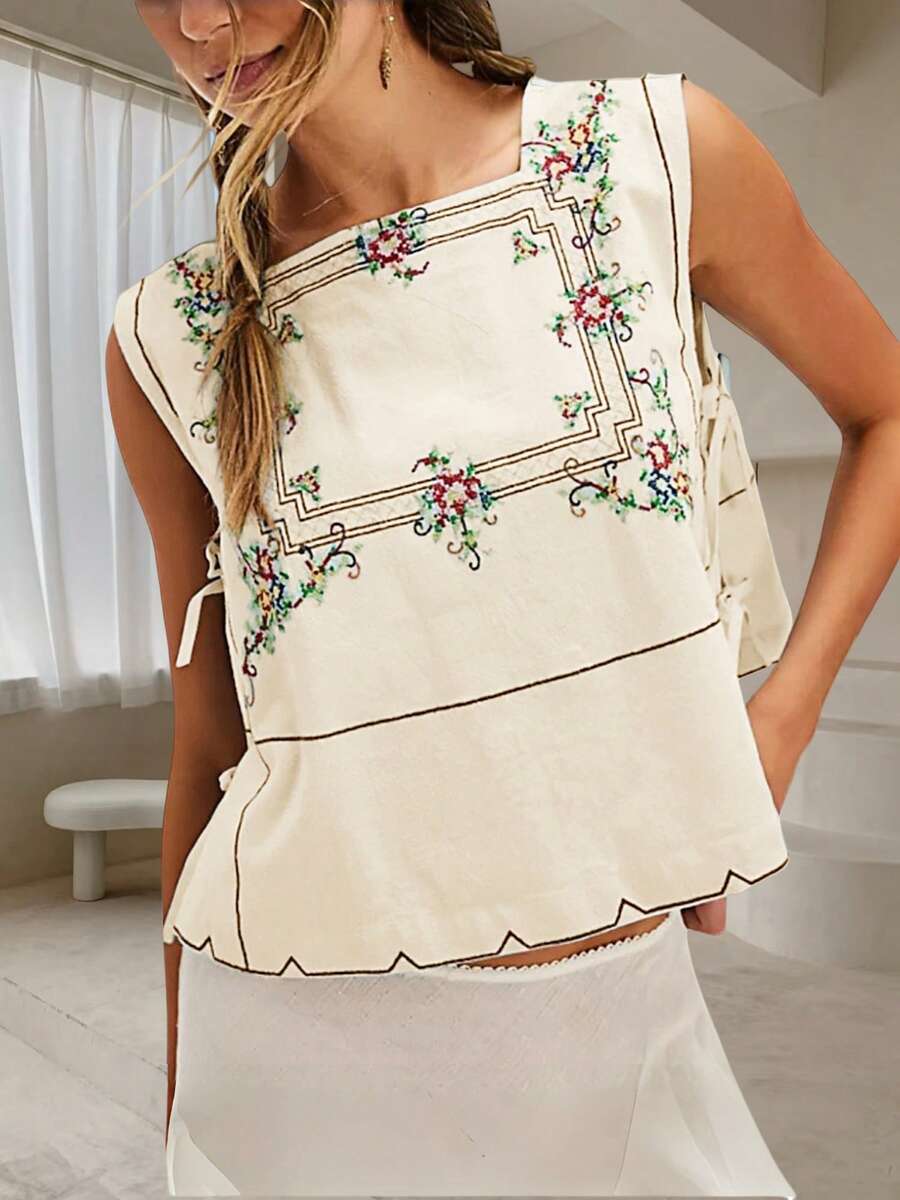 Women's Side Tie Up Vest Vintage Floral Embroidered Tank Tops Y2k Boho Graphic Sleeveless Square Neck Lace Up Shirt Crop Tops Summer Loose Fit Cute Flower Going Out Tops Beach Vacation Streetwear - 黃色 - 查看 1