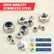 Kit surtido de 145 piezas de tuercas de seguridad con inserto de nailon métrico, Tallas de M3 a M10, acero inoxidable 304, tuercas de seguridad hexagonales de grado profesional para pernos, proyectos DIY y mantenimiento de maquinaria