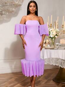 Vestido largo de tubo sin espalda, ajustado, con dobladillo plisado en color morado claro, para fiesta, club, despedida de soltera, cita, boda, dama de honor, graduación, invitado de boda, regreso a clases