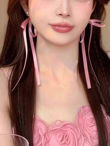 1 对芭蕾舞风格丝带蝴蝶结流苏珍珠耳钉，适合女士佩戴，精致的仙女般的珠宝，适合夏季 - 蝴蝶結 - 查看 2