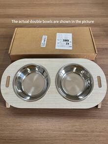 1pc Cat Tilted Feeding/Water Bowl With Wooden Stand, Protects Neck, Detachable Stainless Steel Pet Bowl (For Cats) - View 8