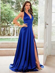 MUXXN 1950s Retro V-Neck Backless Satin Cocktail Party Dress - Royal Blue - View 6