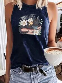 Flower And Book And Monster - Pattern Printed Tank Top, Casual Round Neck Summer Sleeveless Women's Top - Màu xanh hải quân - Xem 1