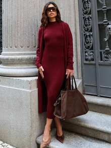 ANASTACIA MAXI CARDIGAN COAT SET + SLEEVELESS RIBBED DRESS IN HIGH QUALITY MODAL AUTUMN AND WINTER - Gỗ đỏ - Xem 4