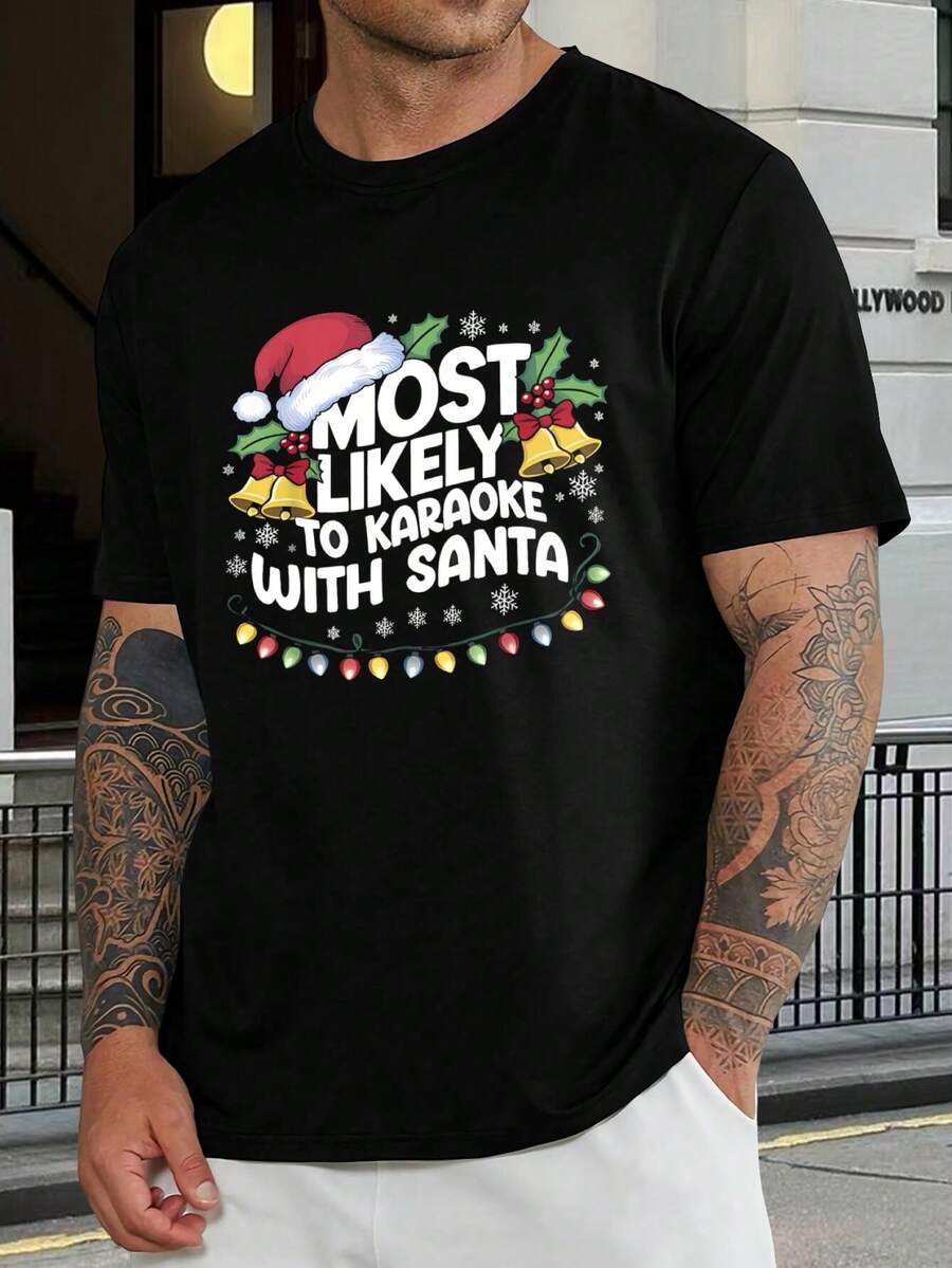 Pijamas navideños familiares divertidos a juego, camiseta de karaoke de Papá Noel - Camiseta unisex para vacaciones para hombres y mujeres - Negro - Ver 1