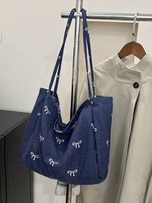 新款韩版休闲时尚百搭蓝色极具吸引力蝴蝶结水洗帆布托特包，适合通勤、旅行、购物、学生返校、大容量甜美女士手提包