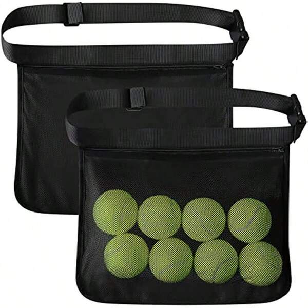 1 pieza Bolsa de malla ajustable para sostener pelotas de tenis y bádminton - Bolsa de cintura negra, puede sostener 8-10 pelotas de tenis o pickleball, adecuada para accesorios de ciclismo y golf, duradera y lavable a máquina, accesorios de tenis