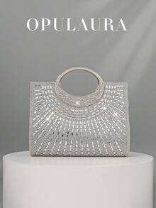 OpulAura 女士时尚闪亮水钻装饰晚宴手拿包，奢华闪耀水钻细节正式派对手提包，适合礼服、派对、约会、婚礼、生日、新娘配饰、婚礼手拿包 - 銀色 - 查看 2
