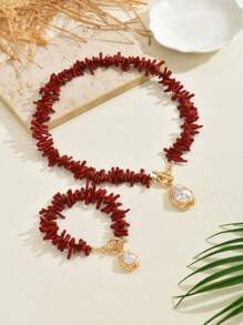 2pcs Fashion Red Coral Baroque Faux Pearl Necklace & Bracelet Set, Women Summer Beach Party Jewelry Accessories