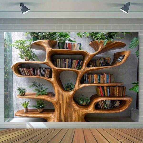 1 pieza Estantería con forma de árbol con plantas verdes y luces led - Decoración rústica de otoño o Navidad, perfecta para rincones de lectura acogedores, fondos de fiestas y accesorios de fotografía, disponible en varios tamaños, decoración de libros