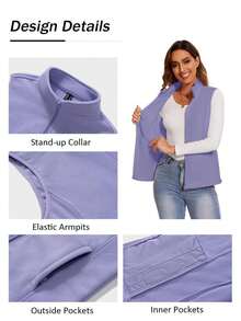 Women's Spring Fall Fleece Stand Collar Vests Fashion Zip Up Sleeveless Jackets Soft Warm Lightweight Multi-Pocket Waistcoat - 淡紫色 - 查看 5