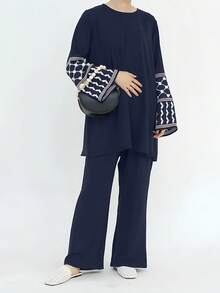 女士两件套宽松套装，2026春夏款，几何刺绣图案袖口设计 | 中东优雅两件套，时尚斋月长袍套装，优雅阿拉伯服饰 - 藏蓝色 - 查看 5