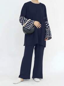 Conjunto de 2 piezas de traje suelto con diseño de puño con bordado geométrico, elegante estilo oriental de Malasia/árabe, versátil y de moda
