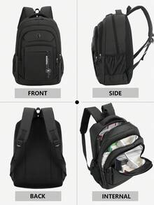 男士多隔层尼龙字母印花背包，可装15.6英寸笔记本电脑，多口袋轻便书包，大容量旅行包，便捷通勤背包，多功能背包，适合学生、中小学生、商务旅行、旅游、日常通勤、户外运动、节日和生日礼物 - 黑色 - 查看 5