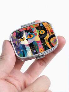 1 hộp đựng thuốc hình mèo trừu tượng - Hộp đựng thuốc bằng kim loại sơn hai ngăn, hộp đựng thuốc du lịch di động, vừa vặn với túi/ví - Hộp đựng vitamin trang trí độc đáo làm quà tặng, thiết kế nghệ thuật, hộp đựng thuốc nhỏ gọn - Con mèo trừu tượng - Xem 3