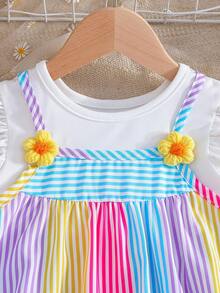 [Dreamy Rainbow . Playful Blooms] Ruffled Sleeve Meets 3D Flower Camisole + Wide Leg Pants Set, Girls Sweet Stripes Outfit, Energetic & Lovely, Suitable For Children's Daily Wear, Leisure, Travel And Outdoor - Multicolor - View 5