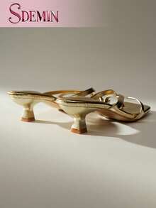 夏季新款女士纯色拖鞋，优雅度假鞋，休闲沙滩高跟凉鞋，时尚一脚蹬高跟鞋，适合正装 - 金色 - 查看 5