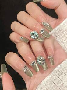 10 件长棺材手工按压指甲，适合派对和日常穿着，绿色，绿色指甲。法式猫眼，长指甲，爆炸薄荷绿猫眼，水钻指甲，易于佩戴 10 件 Y2K 手工按压指甲，夏季指甲，夏季风格，适合女孩和女士节日派对和日常穿着 - 薄荷綠 - 查看 4