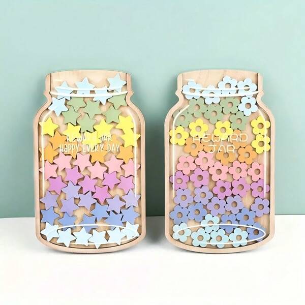 Set da 47 pezzi di barattoli regalo - Adesivi colorati a forma di stella e fiore, inclusi supporti in legno, aiuti didattici riutilizzabili a cling statico, strumenti di gestione del comportamento per la classe e la decorazione domestica, Aiuti per la decorazione della classe | Adesivi colorati a forma di stella | Sistema di ricompensa con supporto in legno, Adesivi di ricompensa, etichette motivazionali, Decorazione da scrivania in barattolo di legno a forma di stella, Barattolo di risparmio per l autocontrollo, Bottiglia di ricompensa a punti, in legno, senza elettricità, senza piume
