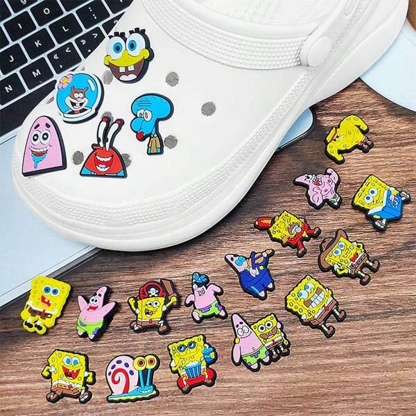SPONGEBOB Set de 20 de pandantive pentru pantofi din seria SpongeBob SquarePants, decorațiuni pentru pantofi din PVC pentru geanta de plajă, pandantive pentru accesorii pentru pantofi, idee de cadou pentru ziua de naștere, Crăciun, Ziua Îndrăgostiților, Halloween, cadouri pentru petreceri