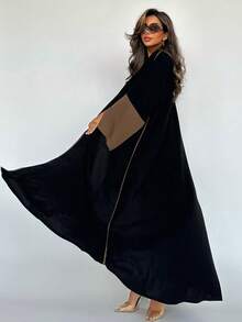 1 件时尚简约撞色拼接袖女式纯色中东服装长裙，优雅开衫长袍 Abaya 适合日常、节日穿着 - 卡其色 - 查看 5