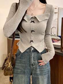Vintage American Sexy Bowknot Collar Long Sleeve T-Shirt For Women, Slim Fit Casual Tee