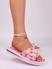 Women's Summer Fruit Print Slip-On Sandals - Comfortable Beach And Casual Flat Slides, Adjustable Strap, Breathable Fabric Upper, EVA Sole, Suitable For Indoor/Outdoor Use
