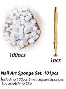 100片白色迷你可替换美甲海绵，美甲海绵金属夹，美甲渐变海绵，美甲海绵套装，包含50片小方海绵、1个刮夹，适用于渐变色美甲DIY，美甲工具，美甲用品，美甲配件
