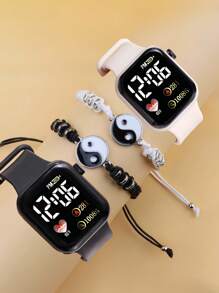 4 Pieces/Set, Heart-Shaped Cartoon/Digital Electronic Watch And Tai Chi Bracelet Gifts, Suitable For Valentine's Day, Christmas Gifts, Graduation Gifts, And Perfect For Daily Wear.