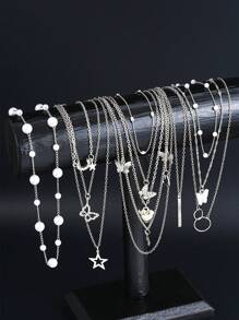 7/11/12/13pcs Elegant Vintage Minimalist Star, Moon, Gold Heart & Bowknot Necklace Set For Women, Suitable For Holiday, Party, Date And Daily Wear, Gift For Her