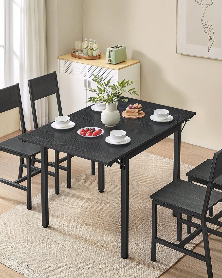 Table de Salle à Manger Pliable, Table de Cuisine Extensible, Bureau, pour 2 à 4 Personnes, Rectangulaire, avec Abattants, pour Petits Espaces, Noir Boisé et Noir d'encre - Noir - Voir 1