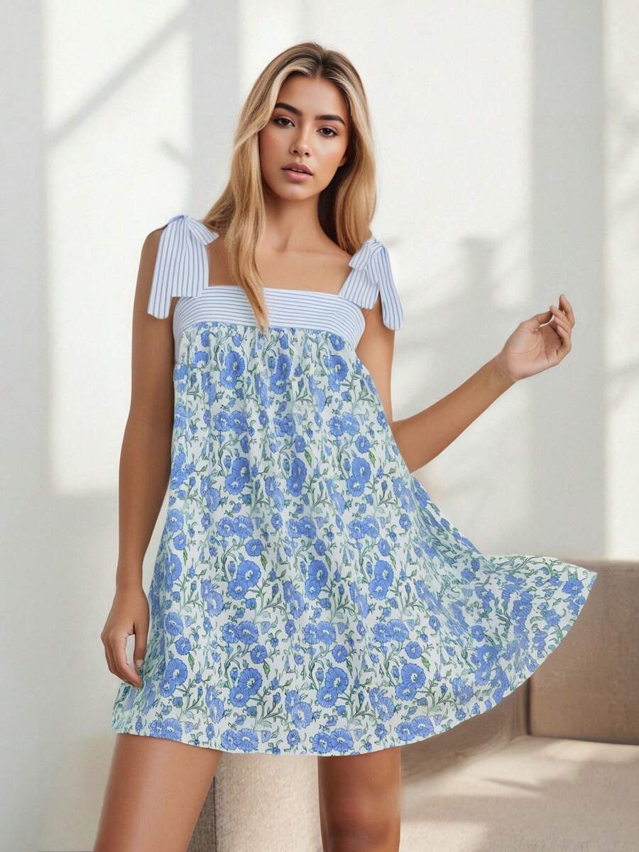 Women Sleeveless A-Line Dress Summer Casual Floral/Stripe Print Tie Up Straps Loose Party Dress For Beach Streetwear - 藍色 - 查看 1