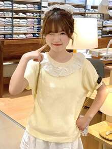 Cream Color Lace Embroidery Bow Knit Short Sleeve Top For Women, Spring/Summer - Yellow - View 1