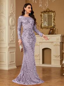 hezixi 舒适，适合各种体型，透视圆领长袖亮片修身鱼尾裙摆设计，风格独特，女士正式舞会礼服/晚礼服 - 淺灰紫 - 查看 4