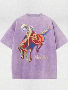 Western Cowboy Riding Printed Batik Washed T-Shirt, Simple And Versatile.