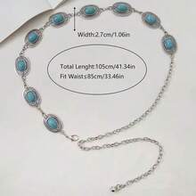 Women's Metal Chain Belt With Turquoise Oval Waistband - Silver - View 6